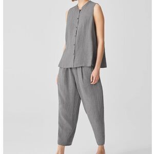 Eileen Fisher Puckered Organic Linen Set XS/Tank Top & Tapered Pant Gray Gingham